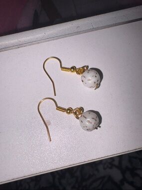 Gold Hook Earrings with White Speckled Bead